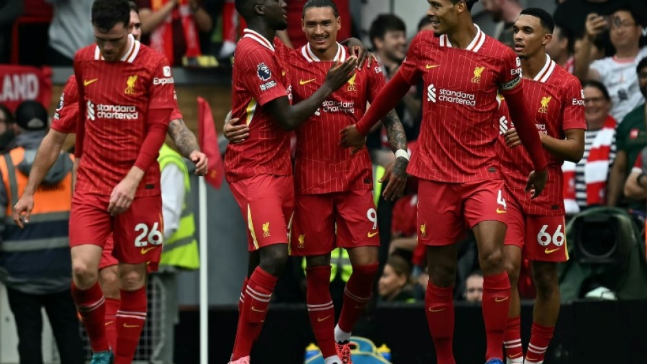 Liverpool forward Darwin Nunez (centre) celebrates after scoring against Bournemouth