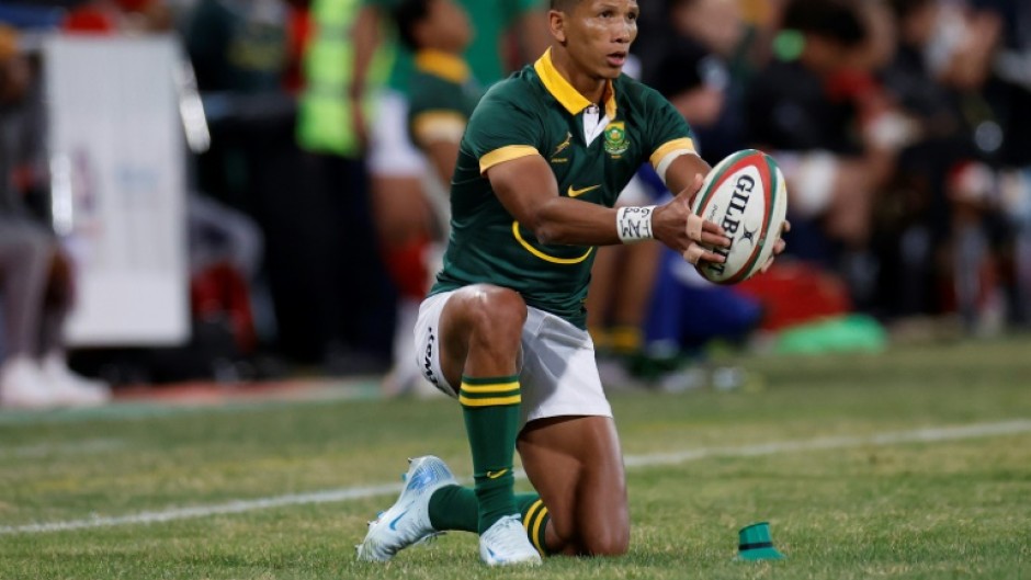 South Africa fly-half Manie Libbok prepares to kick at goal. 