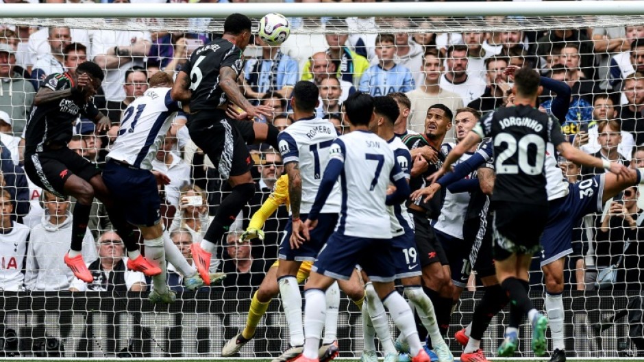 Arsenal defender Gabriel Magalhaes scores against Tottenham