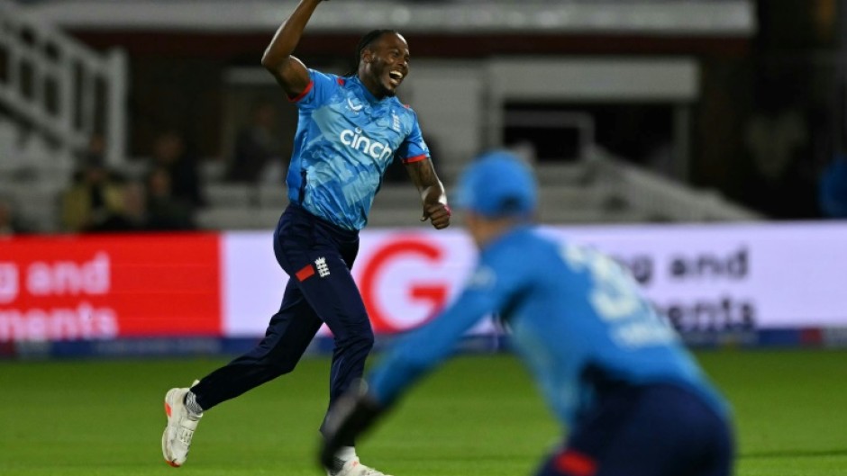 England fast bowler Jofra Archer celebrates his dismisssal of Glenn Maxwell in the fourth ODI against Australia at Lord's