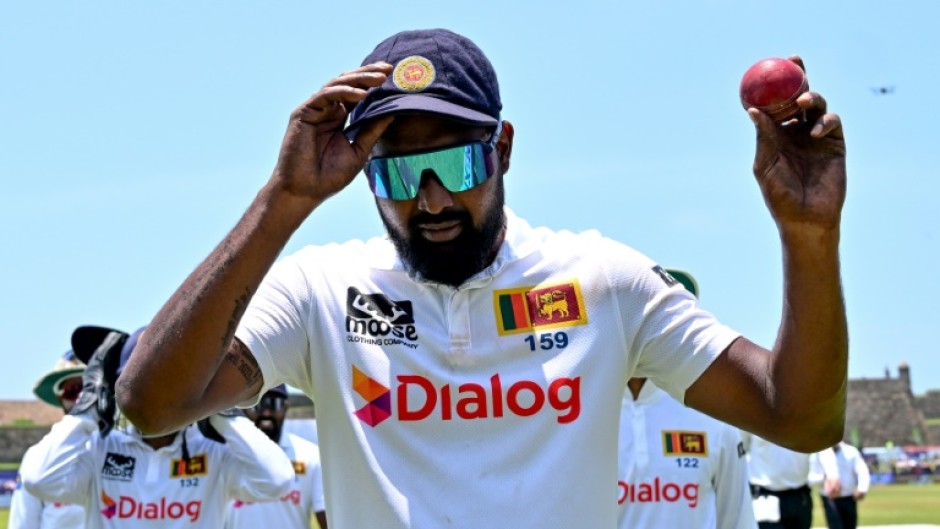 Sri Lanka's Prabath Jayasuriya celebrates his six wickets as New Zealand were 88 all out in Galle