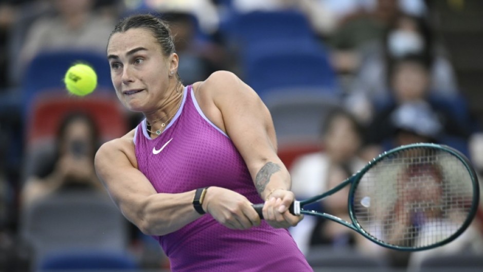 Aryna Sabalenka hits a return to Magdalena French during their women’s singles quarter-final match at the Wuhan Open 