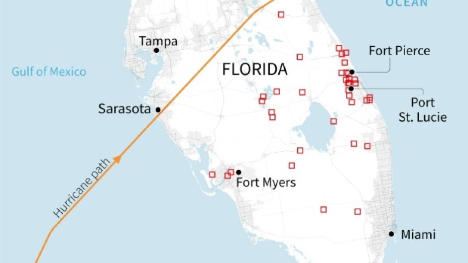 Map showing tornado reports between Oct 9 at 1200 GMT and Oct 10 at 1159 GMT, according to the US Storm Prediction Center, and Hurricane Milton's path, according to the National Hurricane Center