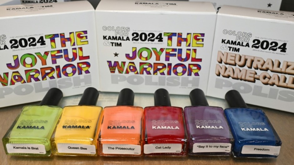 Nail polishes from 'The Joyful Warrior' set include a green called 'Kamala Is Brat,' an orange called 'The Prosecutor' and a classic red dubbed 'Cat Lady'