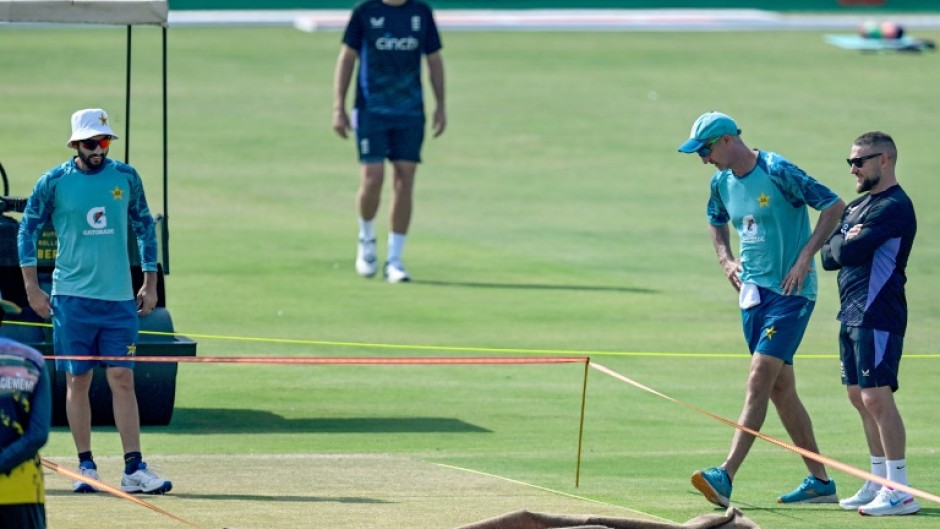 Head coaches Brendon McCullum and Jason Gillespie inspect the Multan pitch condemned as "a road" during the first Test between England and Pkaistan