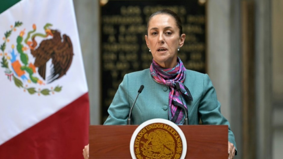 Mexican President Claudia Sheinbaum speaks after meeting foreign business leaders at the National Palace