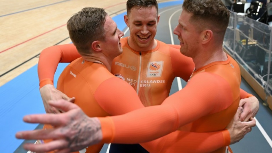 Team work: Harrie Lavreysen (C) with Dutch teammates Roy Van Den Berg (R) and Jeffrey Hoogland 