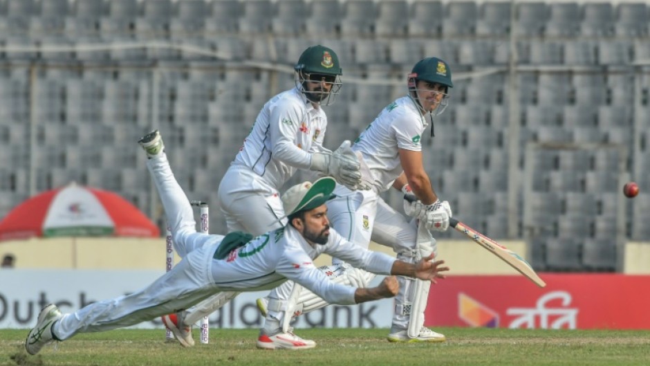 Bangladesh's Shadman Islam drops a catch of South Africa's David Bedingham 