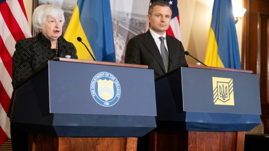 US Treasury Secretary Janet Yellen (left) signed a statement with her Ukrainian counterpart Sergii Marchenko (right) marking their intent to enter into the loan