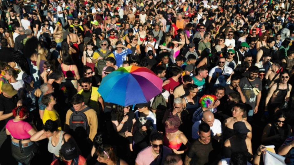 An aerial view of last year's Pride parade in Buenos Aires, on November 4, 2023