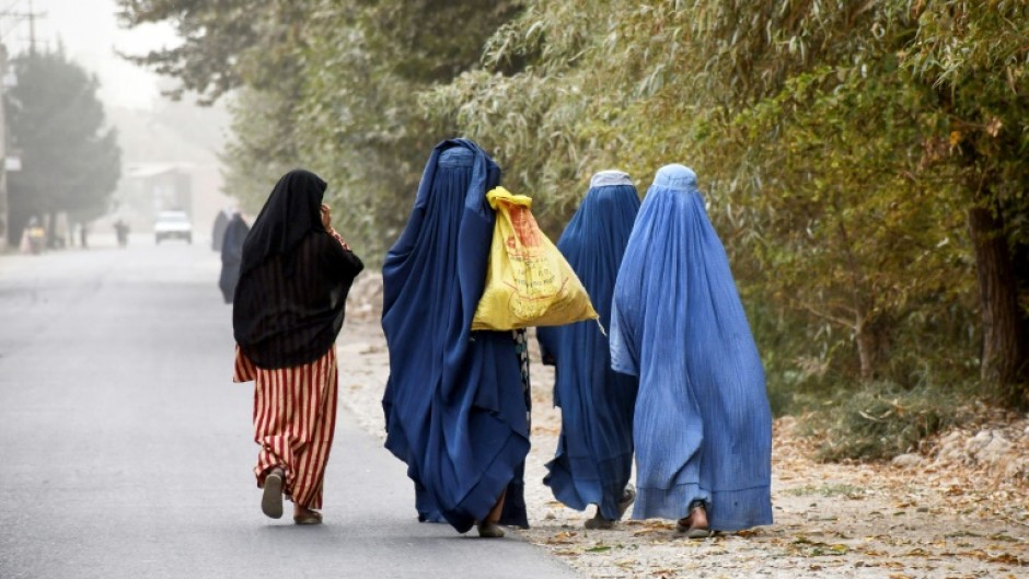 Afghan women walk in the outskirts of the northern city of Mazar-i-Sharif in October 2024