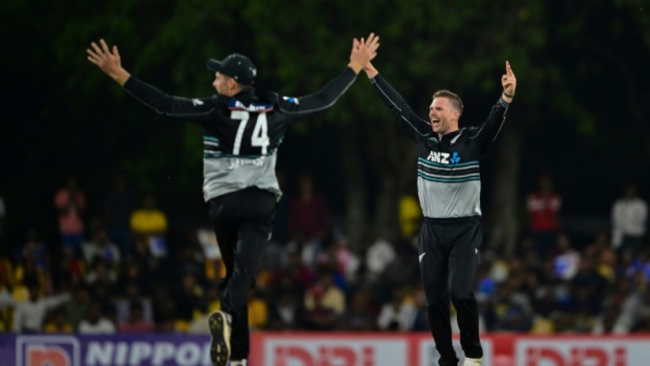 Lockie Ferguson (right) celebrates his hat-trick against Sri Lanka in the second T20 in Dambulla