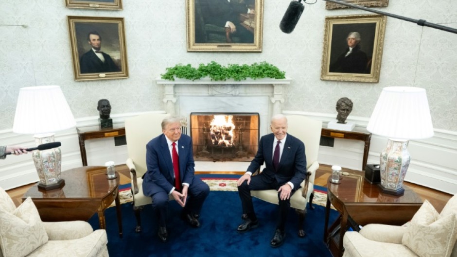 US President Joe Biden meets with US President-elect Donald Trump in the Oval Office of the White House in Washington, DC, on November 13, 2024. Trump thanked Biden for pledging a smooth transfer of power as the victorious Republican made a historic return visit to the White House on Wednesday.