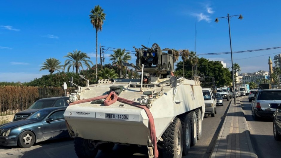 A United Nations Interim Force in Lebanon (UNIFIL) convoy drives through the southern Lebanese city of Sidon