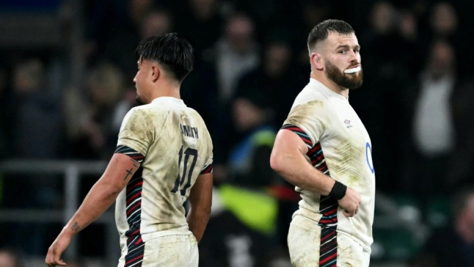 Backs to the wall: Disappointment for Marcus Smith (L) and Luke Cowan-Dickie after England's 29-20 defeat at the hands of South Africa at Twickenham