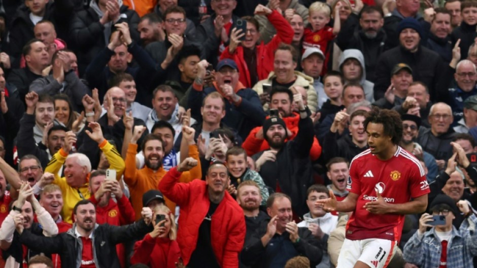 Manchester United striker Joshua Zirkzee celebrates after scoring against Everton