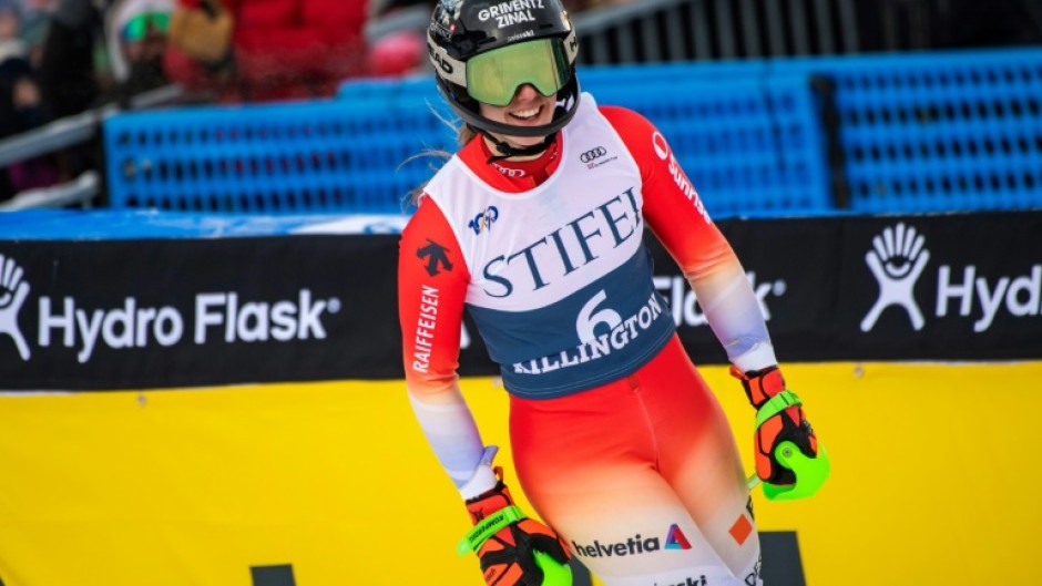 Switzerland's Camille Rast celebrates her victory in the women's World Cup slalom at Killington