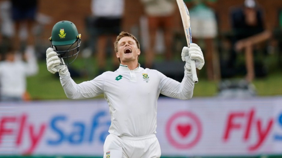 South Africa's Ryan Rickelton celebrates his maiden Test hundred