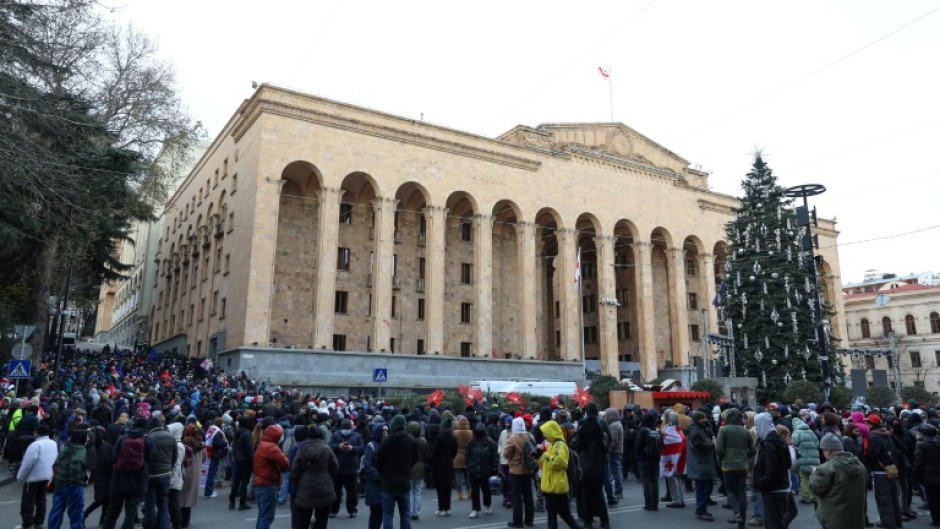 Demonstrators gathered outside parliament