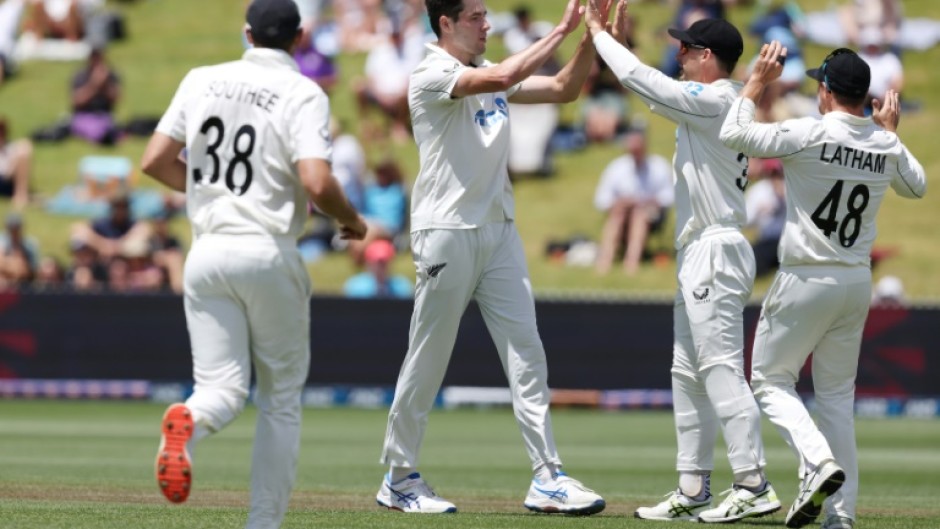 New Zealand's Will O'Rourke (centre) celebrates the wicket of England's Harry Brook on the fourth morning of the third Test