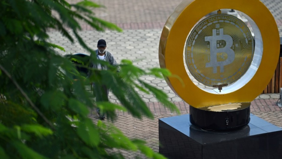 A bitcoin monument at Plaza Bitcoin in El Salvador's capital 