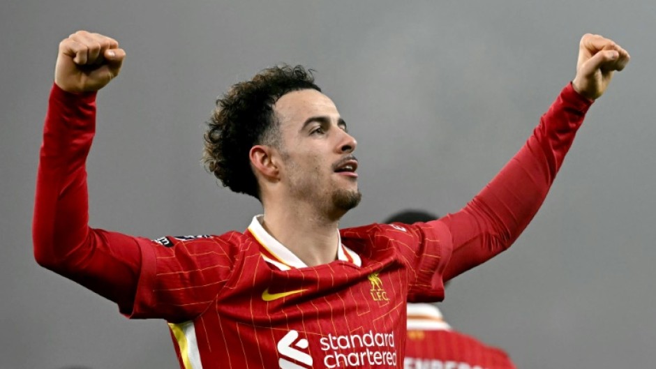 Liverpool's Curtis Jones celebrates scoring against Leicester