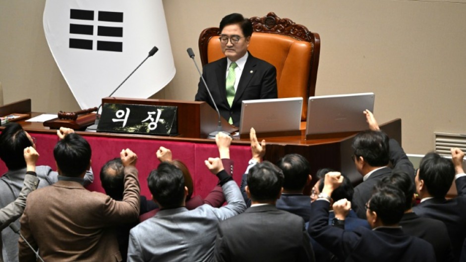 South Korea's ruling People Power Party lawmakers (bottom) argue with National Assembly Speaker Woo Won-shik (C top) during a parliamentary session