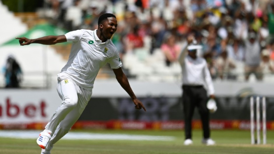 South Africa's 18-year-old fast bowler Kwena Maphaka celebrates his first Test wicket after the dismissal of Pakistan's Babar Azam 