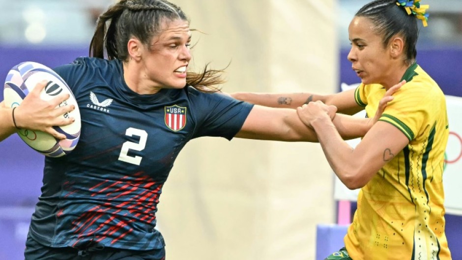 US rugby star Ilona Maher (left) in action at the 2024 Paris Olympics