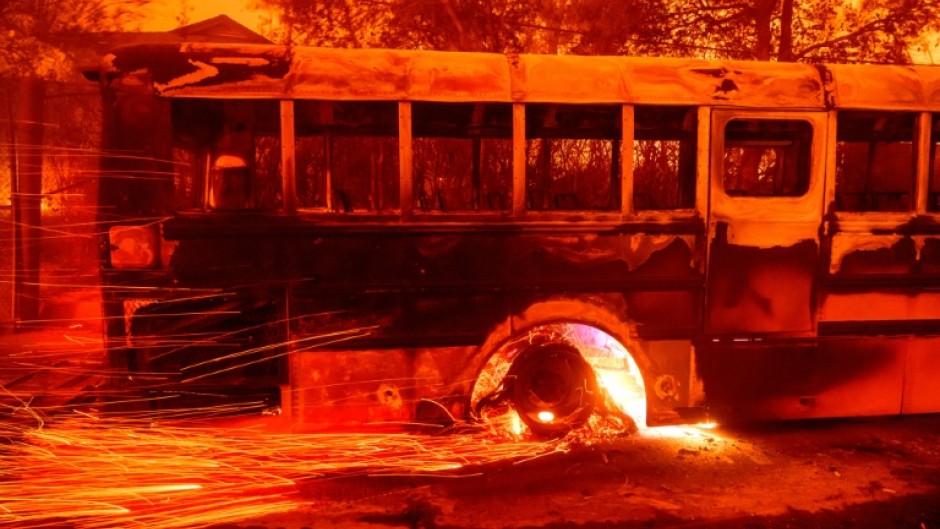 A burning bus at Aveson School of Leaders elementary school in Los Angeles County