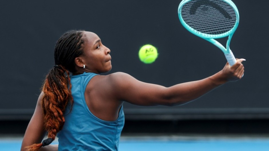 Coco Gauff hits a return during a training session ahead of the Australian Open 