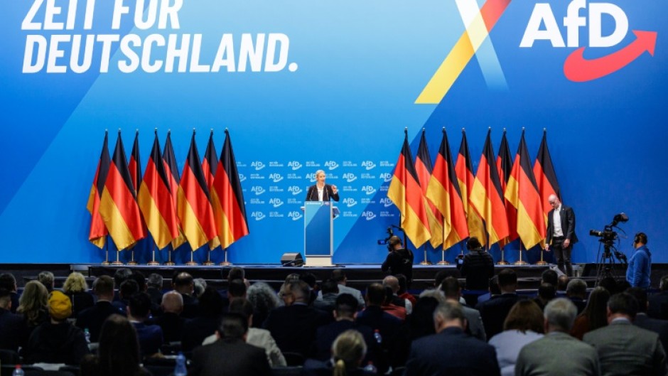 Alice Weidel, co-leader of Germany's far-right Alternative for Germany (AfD) party, addresses delegates during a party congress in Riesa