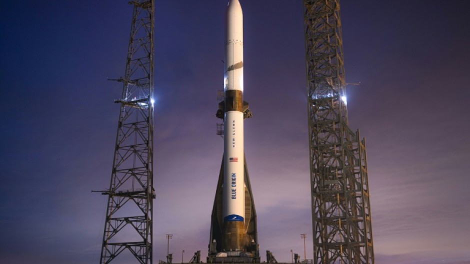 This handout photo courtesy of Blue Origin shows the New Glenn rocket on the launch pad at Launch Complex 36 at Cape Canaveral Space Force Station in Cape Canaveral, Florida