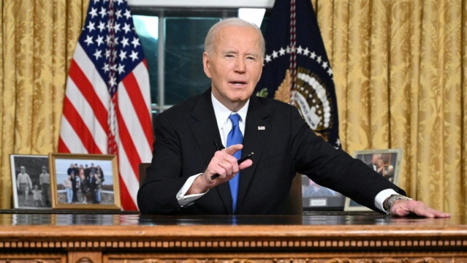 US President Joe Biden delivers his farewell address to the nation from the Oval Office of the White House in Washington, DC, on January 15, 2025.