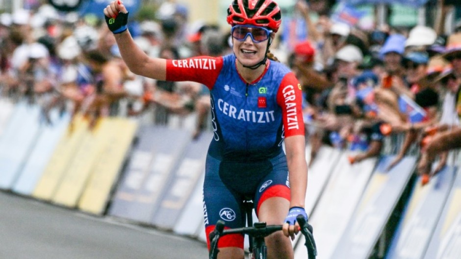 Daniek Hengeveld from the Netherlands celebrates winning the women's first stage of the Tour Down Under