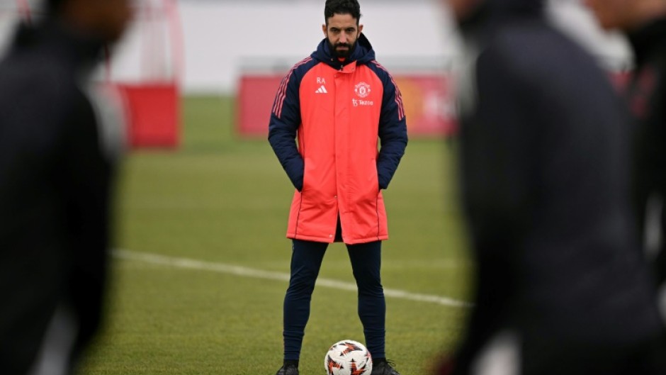 Manchester United manager Ruben Amorim takes training at the club's Carrington training base