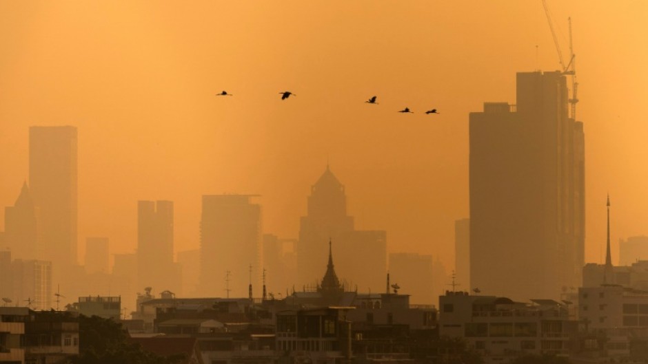 Birds fly past a Bangkok skyline coloured by high air pollution