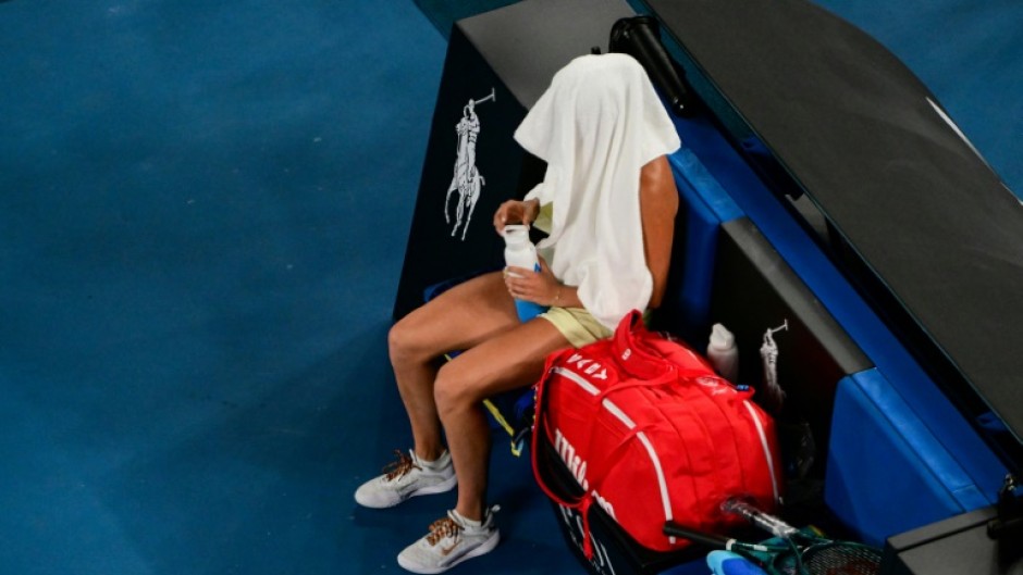 Aryna Sabalenka sits after her defeat against USA's Madison Keys 