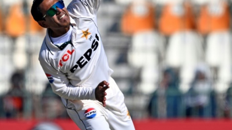 Noman Ali in action during the second Test against the West Indies in Multan