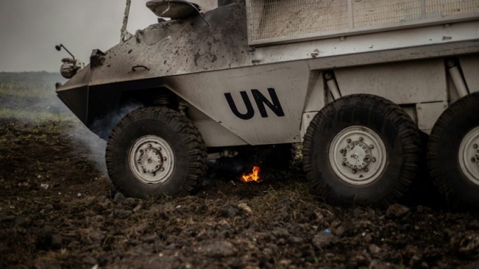 At least one armoured vehicle of the UN peacekeeping force MONUSCO was left burned out between Goma and Sake