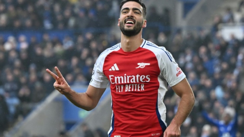 Arsenal's Mikel Merino celebrates after scoring against Leicester