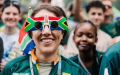 A springbok supporter wears glasses with the South African National Flag on them during the Springboks Champions trophy tour in Durban, on November 4, 2023, after South Africa won the France 2023 Rugby World Cup final match against New Zealand.