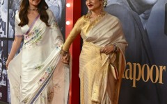 Bollywood actors Alia Bhatt (L) and Rekha at an event marking the 100th birth anniversary of legendary Indian actor and filmmaker Raj Kapoor