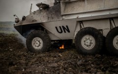 At least one armoured vehicle of the UN peacekeeping force MONUSCO was left burned out between Goma and Sake