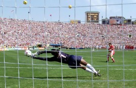 US goalkeeper Briana Scurry saves a penalty during the 1999 women's World Cup final at the Pasadena Rose Bowl. The US is hoping to stage the 2027 tournament jointly with Mexico