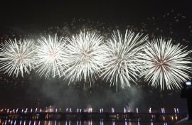 Fireworks light up the sky over the General de Gaulle bridge and the Ebrie lagoon during New Year's celebrations in Abidjan.