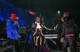 Wyclef Jean (L), Lauryn Hill (C) and Pras Michel (R) of The Fugees perform at the Global Citizen festival, September 2023