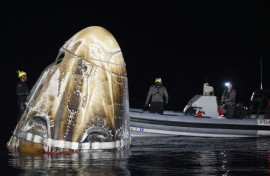 The SpaceX Dragon Endeavour spacecraft shortly after splashing down in the Gulf of Mexico off Florida