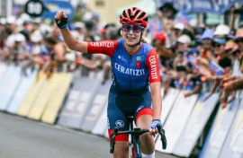 Daniek Hengeveld from the Netherlands celebrates winning the women's first stage of the Tour Down Under