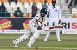 Pakistan's Saud Shakeel on his way to an unbeaten 56 against the West Indies in Multan